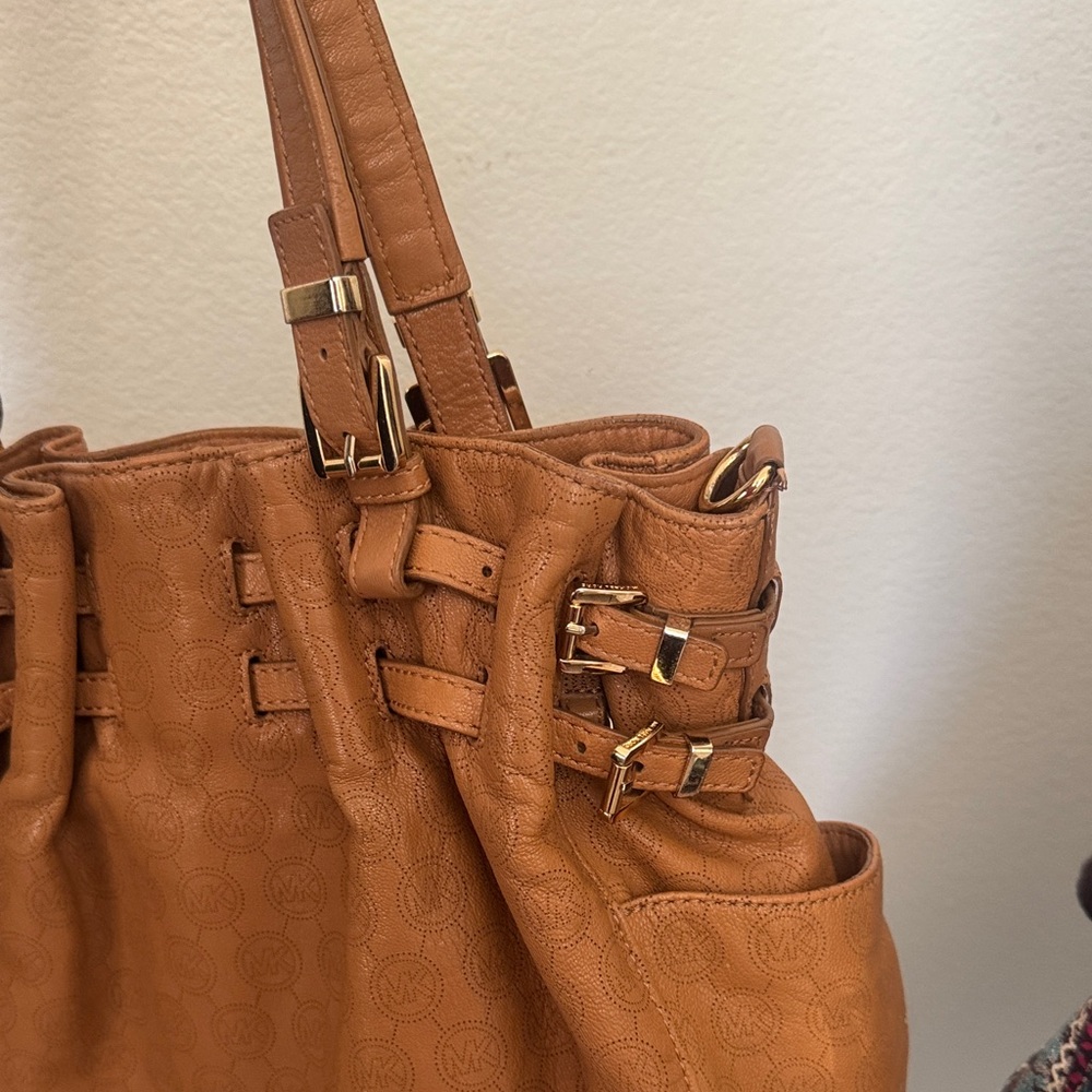 Michael Kors Tan Leather Drawstring Tote with Gold Hardware. Originally $428 - Picture 3 of 8